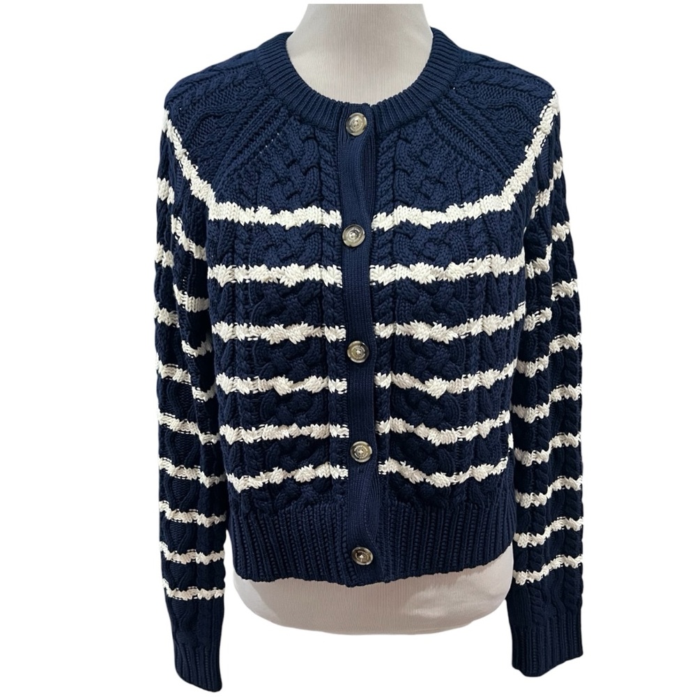 Vineyard Vines Nautical Coastal Stripe Cotton Cable Cardigan Navy White Large